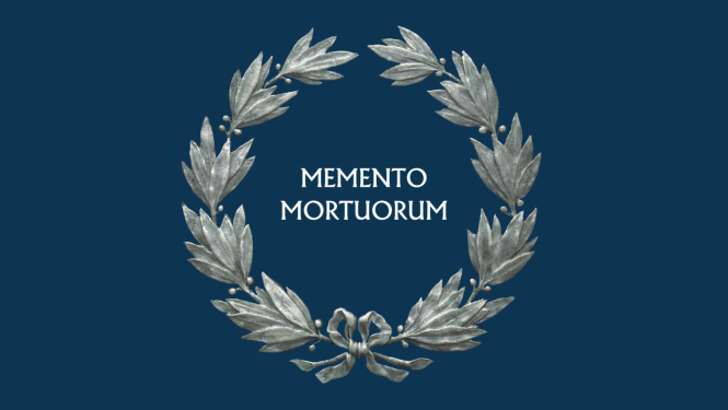 Izstādes “MEMENTO MORTUORUM – atceries mirušos: piemiņas medaļas Rīgas vēstures un kuģniecības muzeja krājumā” plakāta kompozīcija. Māksliniece: A. Augustinoviča (RVKM)