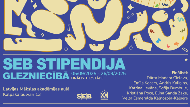 Krāsains abstrakts attēls ar tekstu SEB STIPENDIJA GLEZNIECĪBĀ