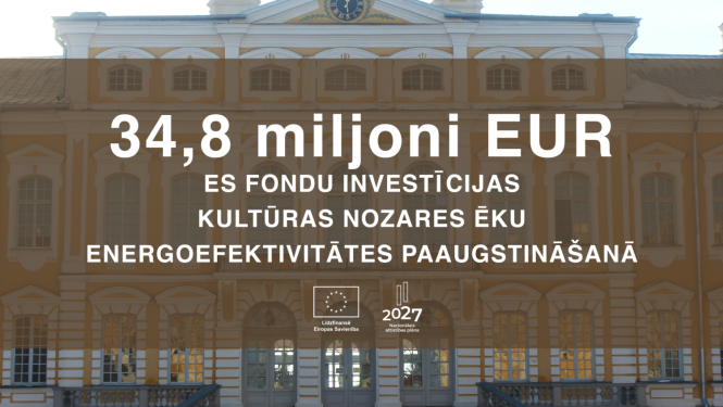 Teksts uz Rundāles pils fona :34,8 miljoni eiro ES fondu investīcijas kultūras nozares ēku energoefektivitātes paaugstināšanai