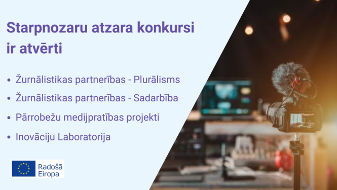 Vizuālais materiāls, kas attēlo Radošās Eiropas Starpnozaru atzara konkursu publikāciju. Fonā ir attēlota ziņu mediju studija ar mikrofonu un kameru attēla priekšpusē un ziņu mediju tehniku fonā. Uzraksti uz attēla: "Starpnozaru atzara konkursi ir atvērti! Žurnālistikas partnerības - Plurālisms, Sadarbība; Pārrobežu medijpratības projekti; Inovāciju laboratorija"