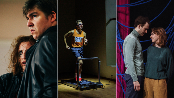 Kolāža no izrāžu “Es arī te, kas man ir jādara”, “Daliņš” un “Četri balti krekli” fotogrāfijām, kurās redzami aktieri - galveno lomu atveidotāji