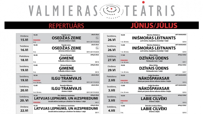 Valmieras teātra jūnija izrāžu kalendārs