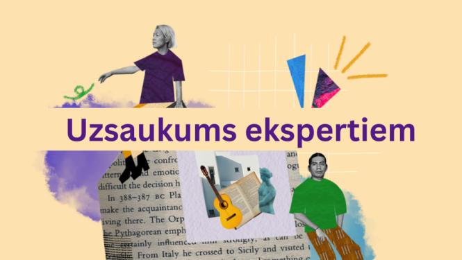 Radošās Eiropas mobilitātes shēmas "Culture Moves Europe" vizuālais materiāls ar tekstu "uzsaukums ekspertiem". Vizuālais materiāls ir kolāža uz gaiši oranžā fona, kas attēlo divus māksliniekus, grāmatas fragmentu, ģitāru, skulptūru, un citus elementus.