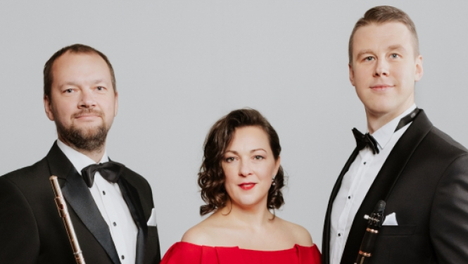 Pianiste Agnese Egliņa, klarnetists Kārlis Catlaks un flautists Reinis Lapa, foto: Jānis Porietis.