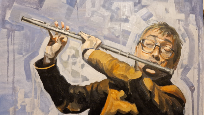 Glezna ar mūziķi, kurš spēlē flautu