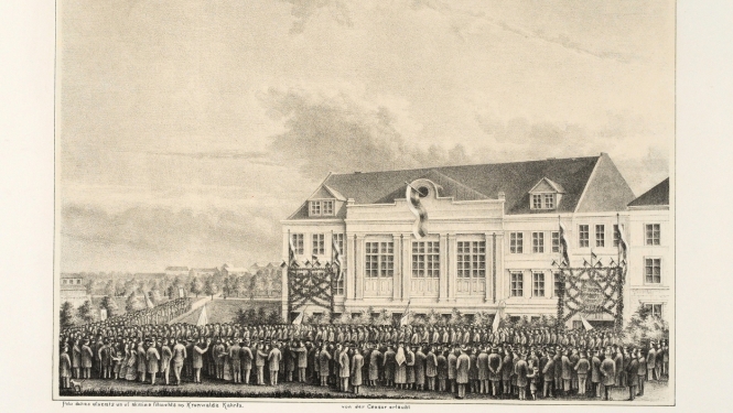 I Vispārējo Latviešu dziesmu svētku gājiens 1873.gada 28. jūnijā. 