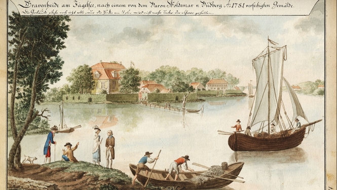 Ilustrācija: J. K. Broces akvarelis pēc V. D. fon Budberga gleznas no LU Akadēmiskās bibliotēkas krājuma, ap 1797, Brotze: Monumente, Bd. VII, 112. LUA