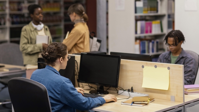 Bibliotēkas apmeklētāji pie datoriem