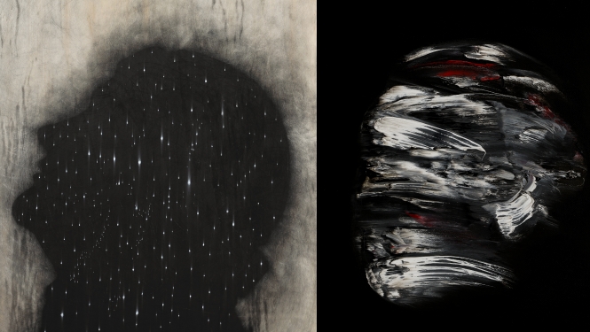 Omars Galljani (Omar Galliani). Pašportrets ar zvaigznēm. Fragments. 2021. Koks, zīmulis.  Lorenco Puljizi (Lorenzo Puglisi). Pasludināšana. Fragments. 2020. Audekls, eļļa. Publicitātes attēls