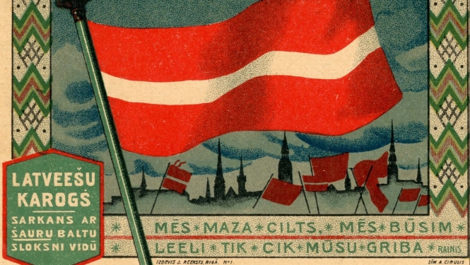 Pastkarte “Latviešu karogs”. Anša Cīruļa zīmējums. Izdevis Jānis Rieksts 1918. gadā. Rīgas vēstures un kuģniecības muzeja krājums.