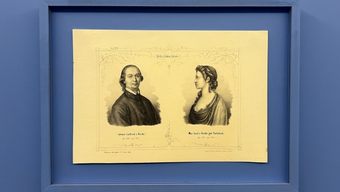 Izstādes “Saderīgi pāri” ekspozīcijas fragments. Johana Gotfrīda Herdera (1744–1803) un Marijas Karolīnes Herderes (1750-1815) portreti. Foto: Marta Laima Gredzena (RVKM).