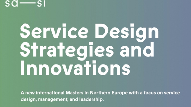 Uzraksts "Service Design Strategies and Innovations" uz zaļa un zila fona