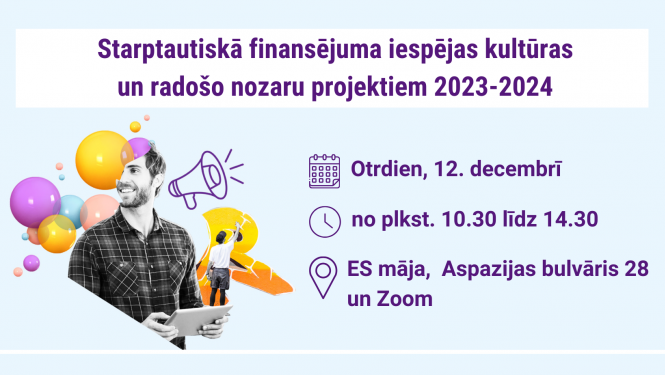 Starptautiskā finansējuma iespējas kultūras un radošo nozaru projektiem 2023. - 2024. gadā; otrdien, 12. decembrī, no plkst. 10.30 līdz 14.30; ES mājā un Zoom
