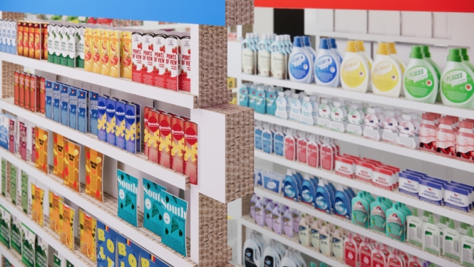Stilizēts lielveikala plaukts ar produktiem