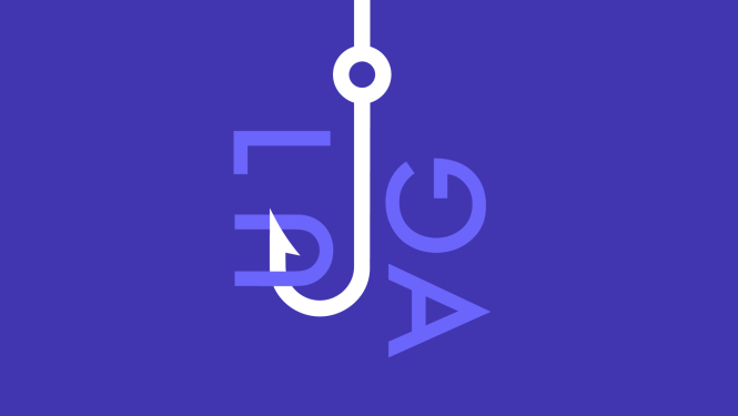 Zilas krāsas fons ar stilizētu makšķeres āķi un vārdu "LUGA"