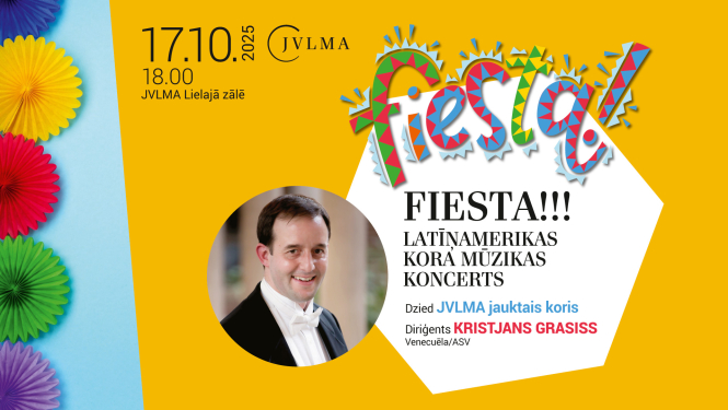 Teksts uz dzeltenas krāsas fona: "Latīņamerikas kormūzikas koncerts, FIESTA!!!