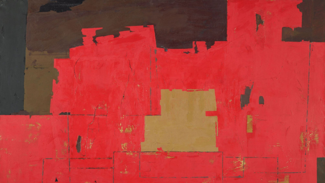 Mākslinieka Ojāra Ābola glezna ar tumšas krāsas, sarkaniem un dzelteniem krāsu laukumiem abstraktā kompozīcijā