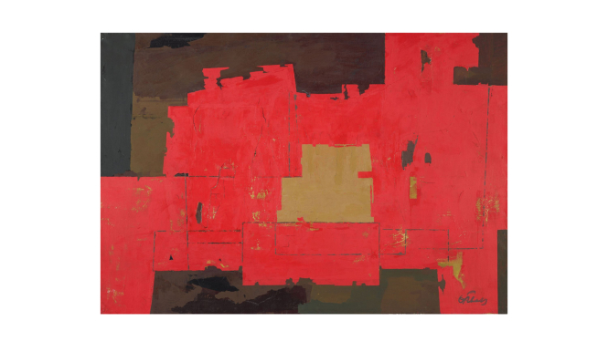 Ojāra Ābola glezna "Kompozīcija" (1982) - sarkanas, tumšas un dzeltenas krāsas laukumi