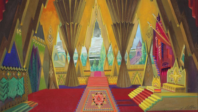 Ludolfs Liberts. Karaļa pils. Dekorāciju mets Jāņa Mediņa operai “Sprīdītis” (pirmizrāde Latvijas Nacionālajā operā 22.01.1927., režisors Fricis Rode, diriģents Jānis Mediņš). 1927. Kartons, tempera. Ķelnes Universitātes Teātra izpētes centra kolekcija. Publicitātes foto