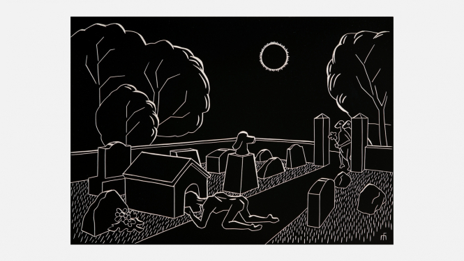 Miķelis Fišers. Aklais humanoīds veic pašapglabāšanās mēģinājumu dzīvnieku kapsētā pilna saules aptumsuma laikā. Kokgrebums, 21 x 29 cm, 2024.