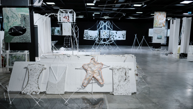 Elza Sīle. Skats no izstādes “Zaķīšu pirtiņa / bailes un trīsas” izstāžu zālē “Rīgas Laikmetīgās mākslas telpa” (07.09.–27.10.2024.). Foto: Pēteris Rūcis