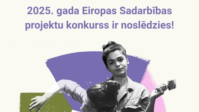 Attēls ar divām sieviešu figūrām un tekstu: 2025. gada Eiropas Sadarbības projektu konkurss ir noslēdzies