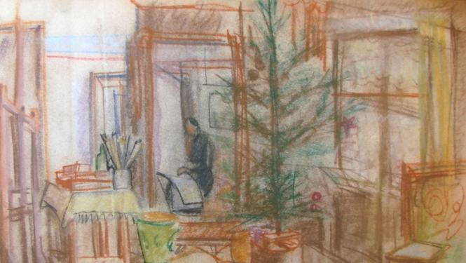 Aleksandras Beļcovas darbs "Mākslinieces darbnīcā", istaba ar ziemassvētku eglīti un mākslinieces tēlu darba procesā