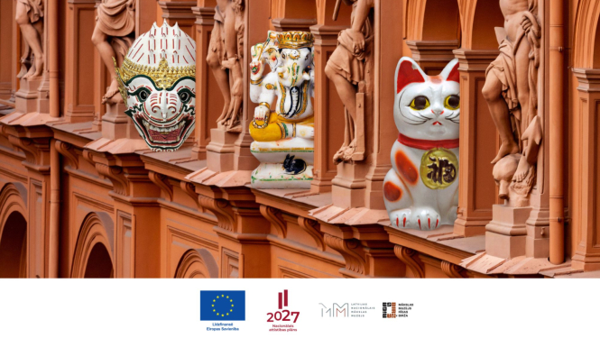 Mākslas muzeja RĪGAS BIRŽA fasāde kolāžā kopā ar Āzijas mākslas elementiem