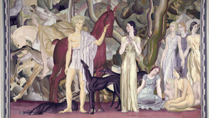 Gobelēna "Jātnieku izbraukšana" (autors Louis Billotey) digitāla reprodukcija, darbā redzami vīrieša un sieviešu tēli, abstrakti attēloti dzīvnieki - zirgi un suņi