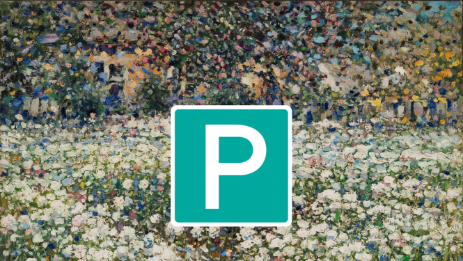 Purvīša balvas logo - "P" burts uz gleznas fona, kurā redzama ziedoša pļava.