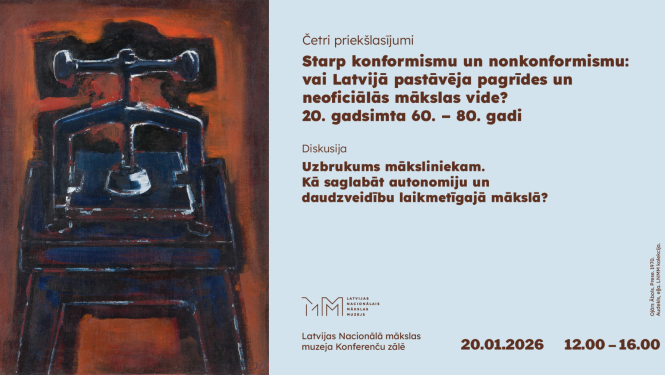 Reklāmas plakāts un programma priekšlasījumiem un diskusijai “Starp konformismu un nonkonformismu: vai Latvijā pastāvēja pagrīdes un neoficiālās mākslas vide? 20. gadsimta 60.–80. gadi” LNMM 20.01.2026. Dizains: Anna Ceipe