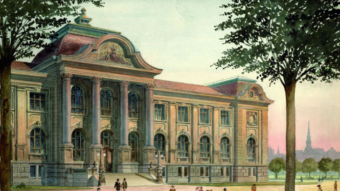 Vilhelms Neimanis (Wilhelm Neumann). Rīgas pilsētas mākslas muzeja fasādes skice. 1902.  Papīrs, akvarelis. LNMM kolekcija. Publicitātes foto