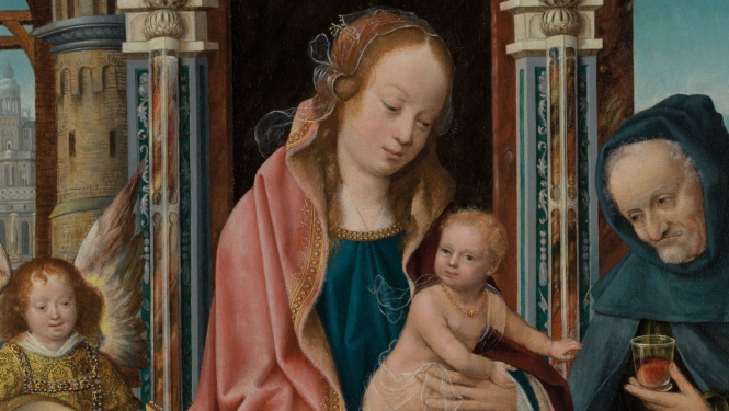 Frankfurtes meistara darbnīca (ap 1480–1533). Svētā Ģimene ar muzicējošo eņģeli, svētajām Katrīnu un Barbaru. Fragments. 1510–1520. Koks, eļļa. Prado Nacionālā muzeja kolekcija, Madride, Spānija. © Photographic Archive. Museo Nacional del Prado. Madrid.