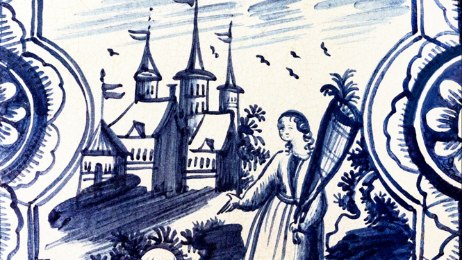 Fragments no krāsns podiņa "Sieviete ar pārpilnības ragu". Hercoga ģērbistabas krāsns, Ivana Ušakova brigādes darbs, 1738