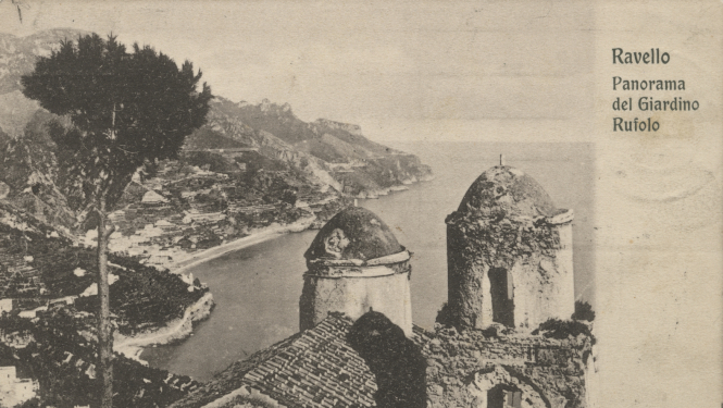 Gleznotāja Mateo Brondī pastkarte Janim Rozentālam – Santa Maria delle Grazie baznīcas torņi Rufolo pils dārzos Ravello pilsētā Amalfi. 1912. RTMM 391081.