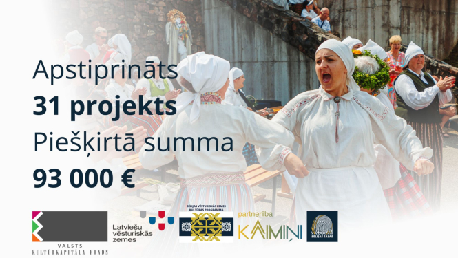 Attēls ar dejojošiem cilvēkiem un tekstu: Apstiprināts 31 projekts, piešķirtā summa 93 000 eiro