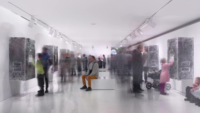 Apmeklētāji Latvijas Bankas simtgades izstādē “VĒRTĪBU ZĪMES” Latvijas Nacionālajā mākslas muzejā. Rīga, 2022./2023. Foto: Vents Āboltiņš