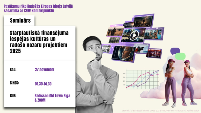 Pasākums par finansējuma iespējām kultūras un radošajām nozarēm - vizuālais materiāls, kas attēlo pamata informāciju par pasākumu - pasākums notiks 27. novembrī plkst. 10.30, Zoom un Radisson Hotel Old Town Riga.