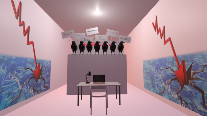 Vizualizācija ar vārnām, galdu un datoru