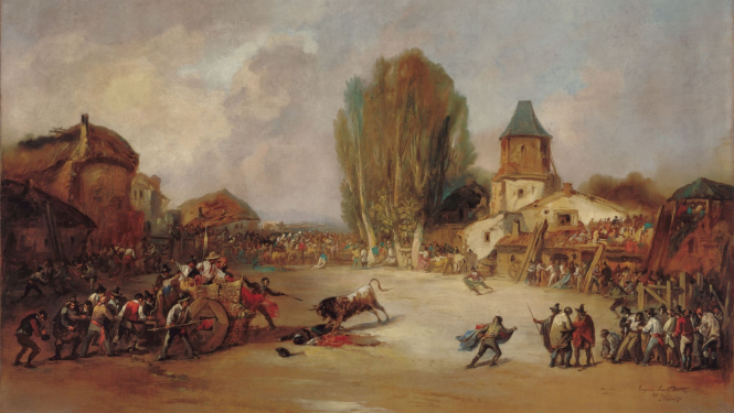 Euhenio Lukass Velaskess (Eugenio Lucas Velázquez, 1817–1879). Nobadīšana līdz nāvei ciemata vēršu cīņās. 1855. Audekls, eļļa. Colección Carmen Thyssen-Bornemisza deponējums Museo Carmen Thyssen Málaga. Publicitātes foto