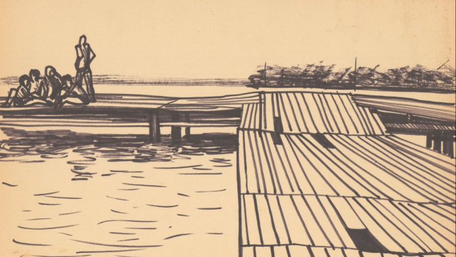 Rūsiņš Rozīte. Vasaras prakses zīmējums. 1966. Papīrs, flomāsters. Brigitas Baltraites kolekcija.