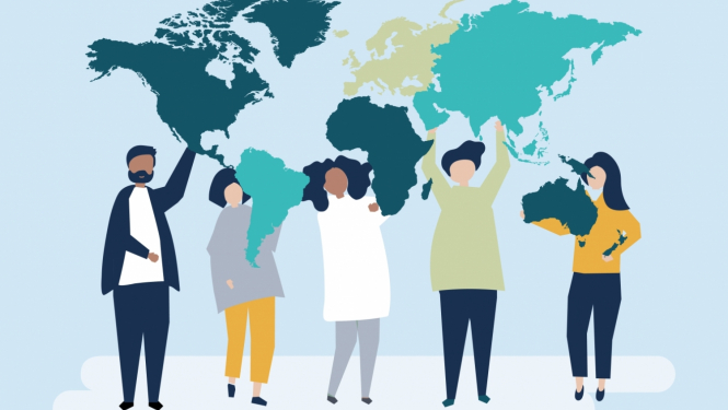 Dažādi ceilvēki uz pasaules kartes fona
