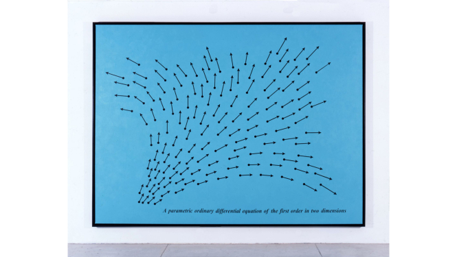 Bernārs Venē (Bernar Venet). Saistībā ar parametrisku vienkāršu pirmās kārtas diferenciālvienādojumu divās dimensijās. 2000. Audekls, akrils, laka. @ ADAGP Paris. Publicitātes foto