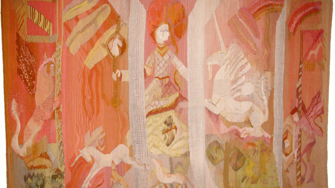 Georga Barkāna darbs "Teiksma" (1974. Vilna, lini, jaukta tehnika. DMDM kolekcija)