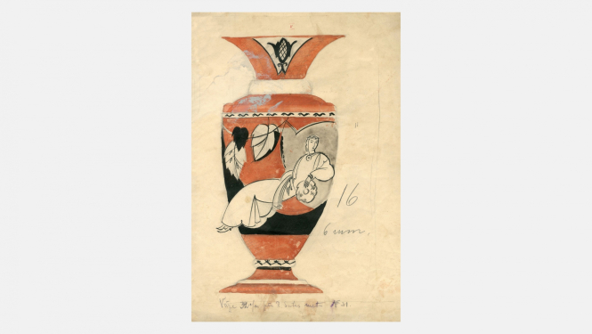 Romans Suta. Meitene ar vainagu. Skice vāzei. 20. gs. 30. gadi. Papīrs, tuša, guaša. SBM kolekcija. Publicitātes foto.