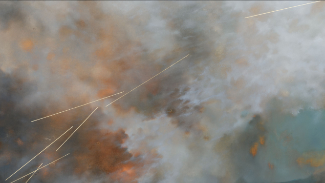 Lietuviešu mākslinieces Diānas Rudokienes darbs "Mijkreslis", saplūstoši krāsu laukumi, kas atgādina debesis un mākoņus