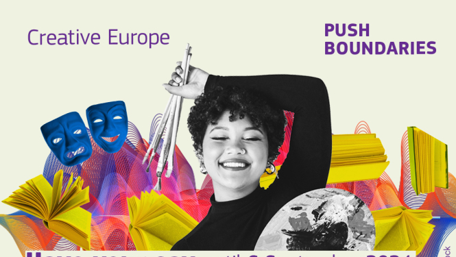 Vizuālais materiāls ar tekstu "Paud savu viedokli līdz 6. septembrim! Sabiedriskā apspriešana par ES Programmu "Radošā Eiropa"!". Attēlā ir redzama sieviete, kurai rokās ir otas un palete, fonā ir dažādu krāsu grāmatas, teātra maskas un citi vizuālie elementi - līnijas un figūras.