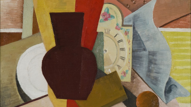 Aleksandra Beļcova. Klusā daba ar pulksteni. 1924. Audekls, eļļa. SBM kolekcija. Publicitātes foto