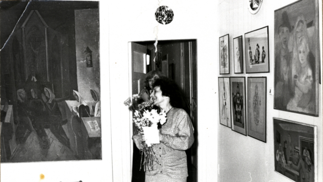 Romana Sutas memoriālās istabas atklāšana Elizabetes ielas dzīvoklī (tagadējā muzejā). 1987. Fotogrāfija. SBM kolekcija. Foto: Harijs Burmeistars