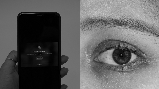 Fotogrāfija ar mobilo tālruni un cilvēka aci tuvplānā